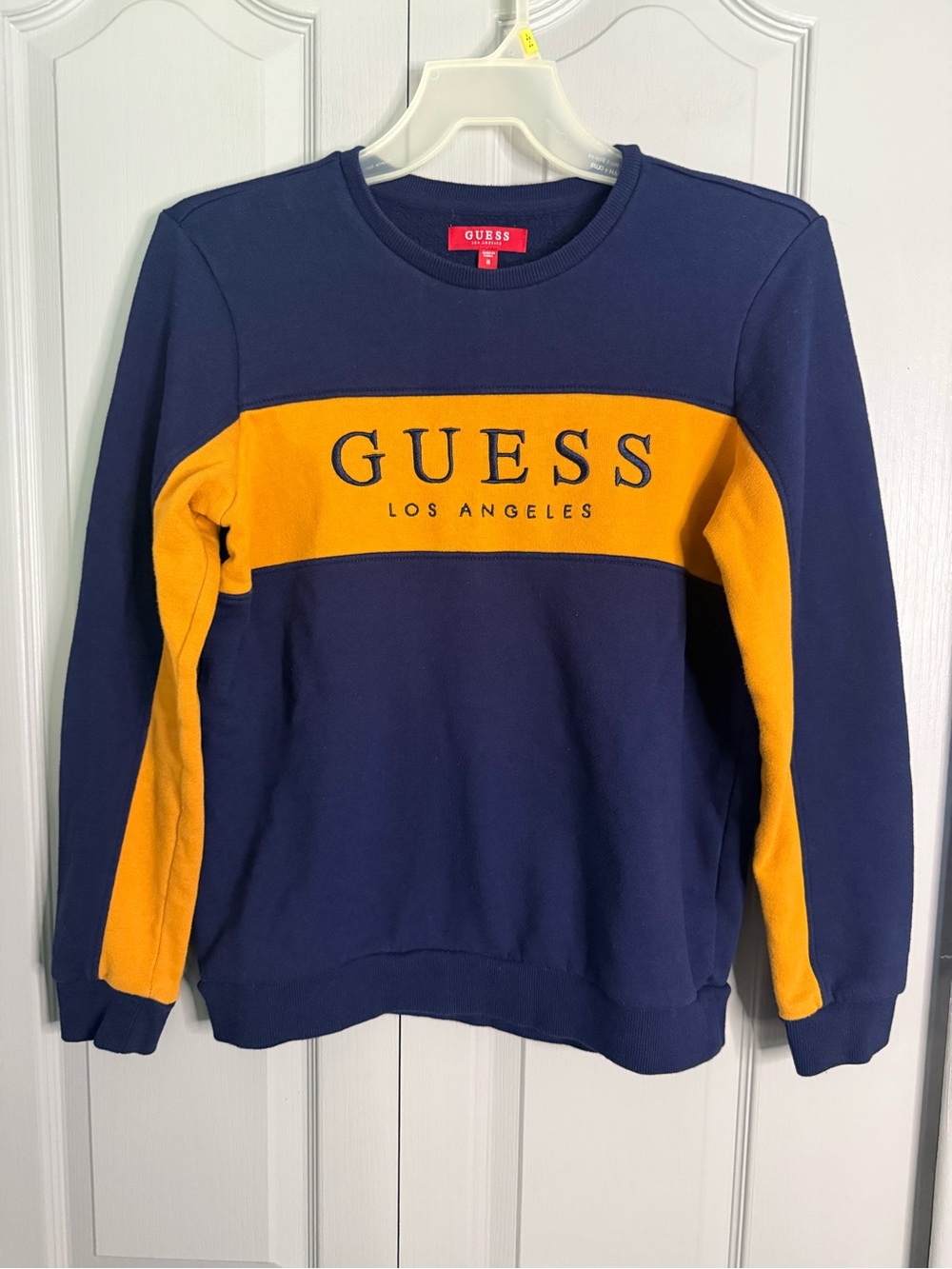 GUESS Navy and Mustard Colorblock Crewneck Sweater